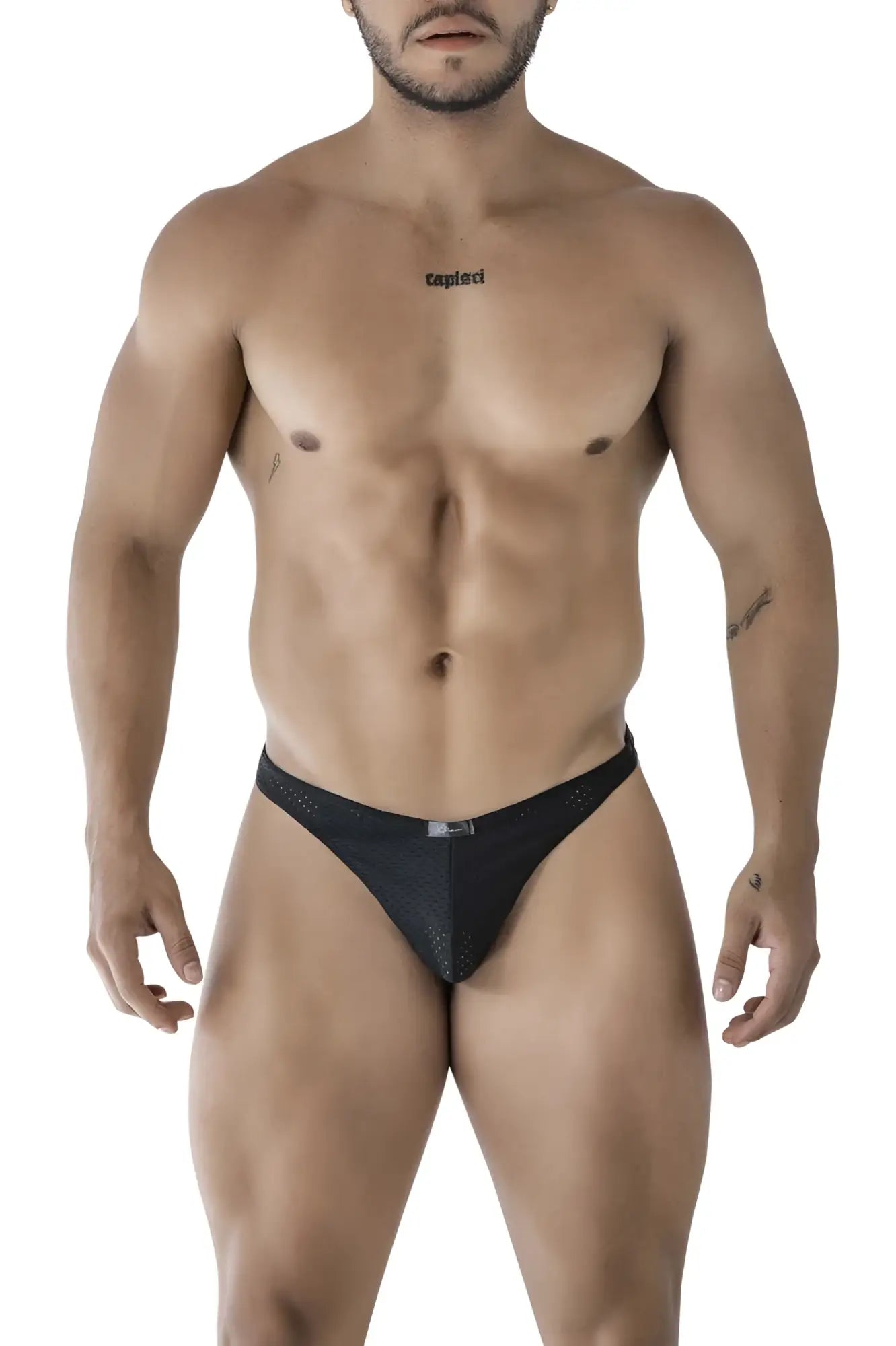 Black Xtremen 91214B microfiber thongs with subtle textured mesh pattern and small brand logo on waistband