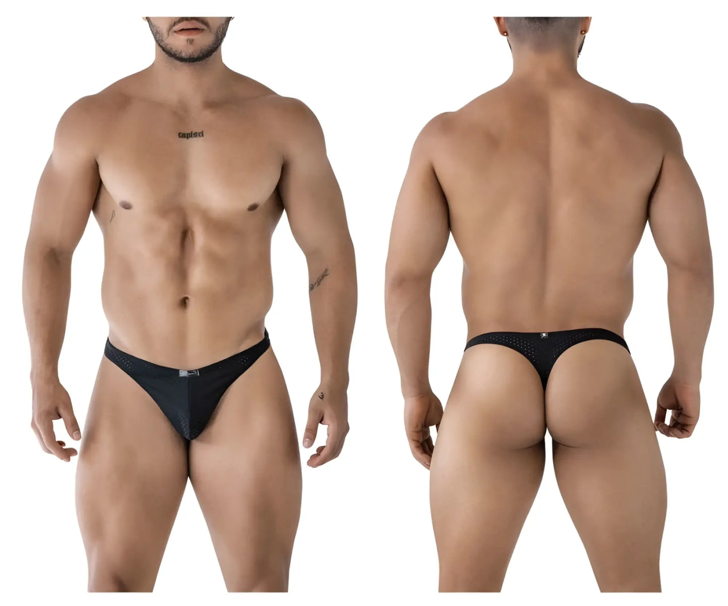 Black xtremen 91214b microfiber thong with mesh fabric and small logo on front and back side