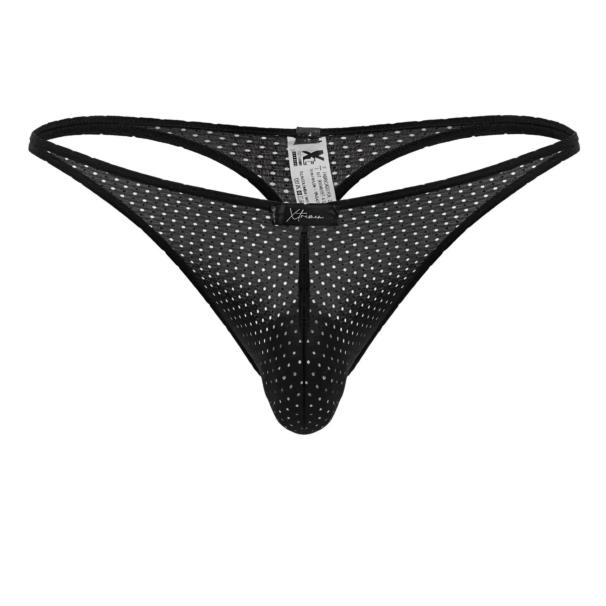 Xtremen 91214b black microfiber thong with white polka dots mesh fabric and central zipper detail front view