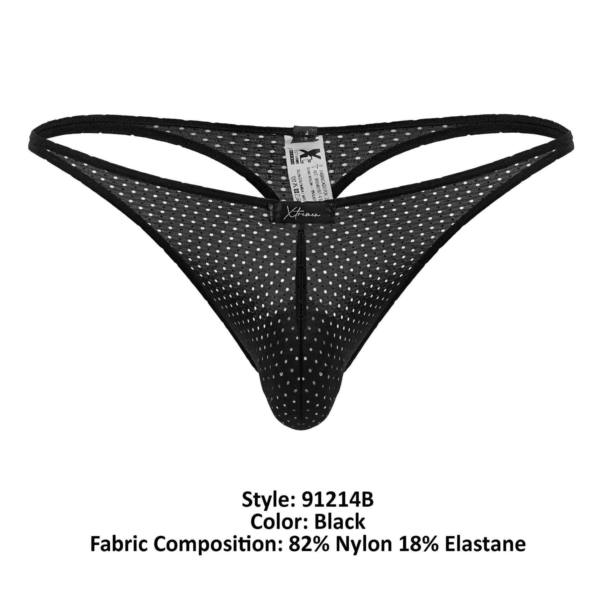 Xtremen 91214B black microfiber thong with white polka dots mesh and central zipper front detail