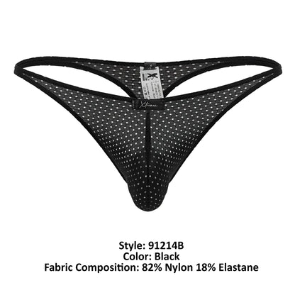 Xtremen 91214B black microfiber thong with white polka dots mesh and central zipper front detail
