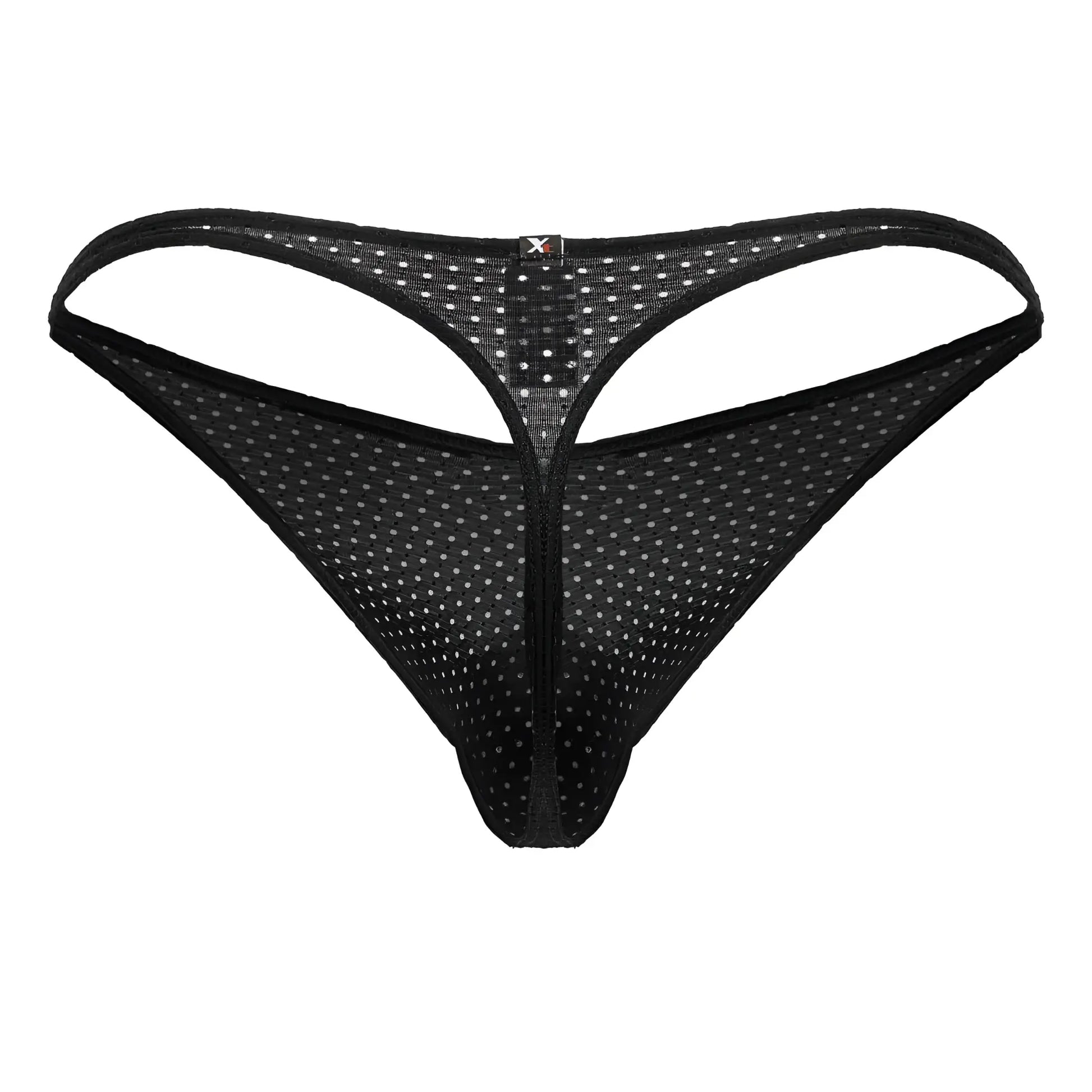 Xtremen 91214B black microfiber thong with white polka dots and central zipper on black mesh fabric front view