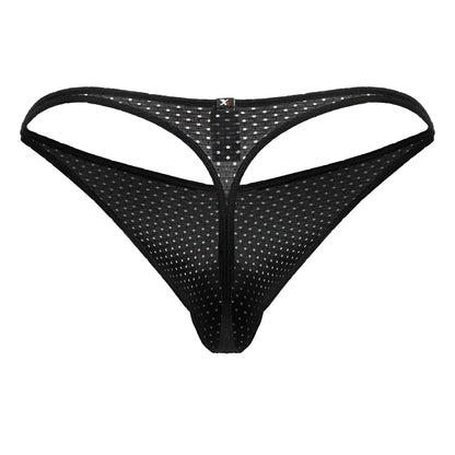 Xtremen 91214B black microfiber thong with white polka dots and central zipper on black mesh fabric front view