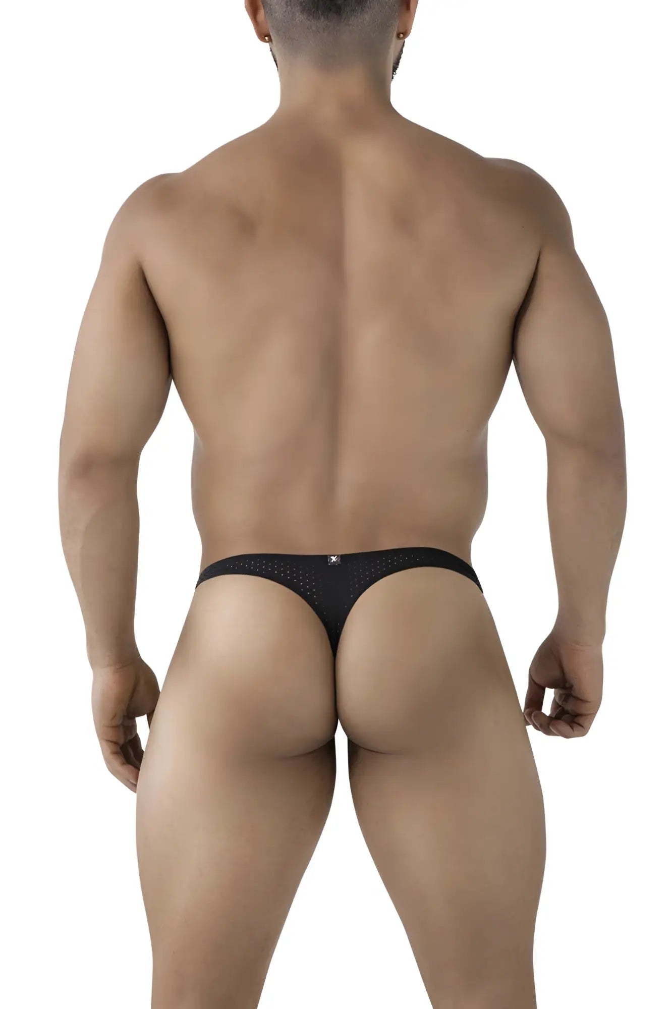 Back side of xtremen 91214b black microfiber thong with perforated mesh and small logo on backband