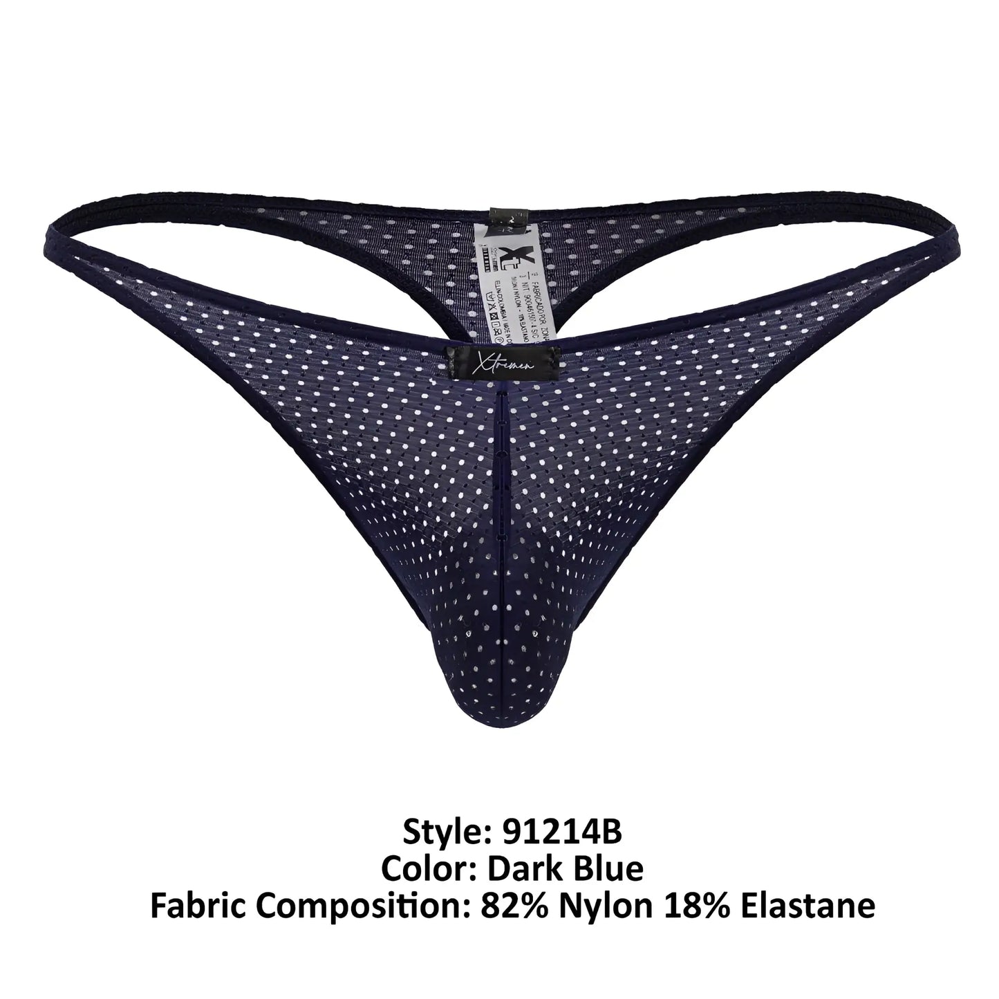 Dark blue Xtremen 91214B microfiber thong with white polka dots mesh and black elastic waistband front view