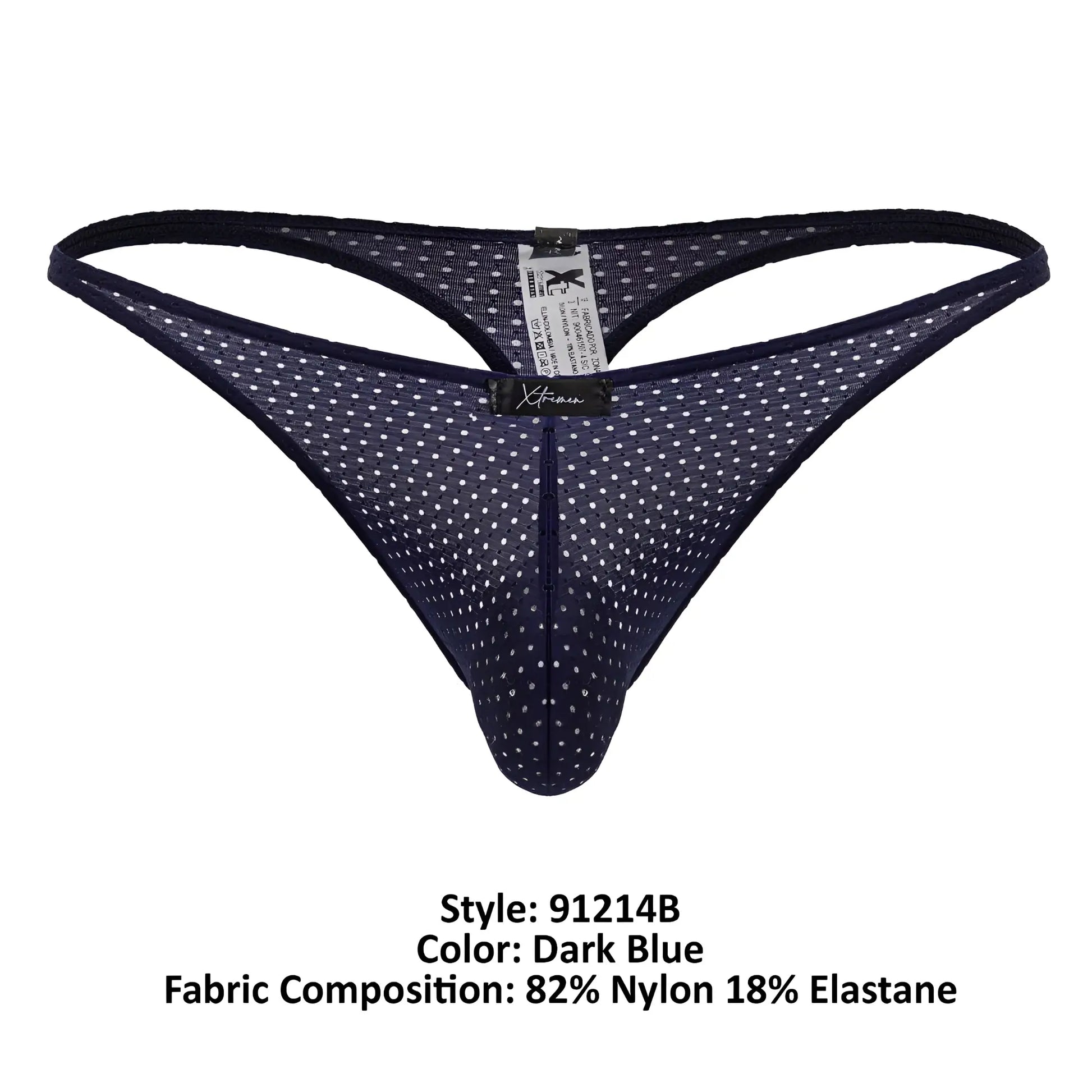 Dark blue Xtremen 91214B microfiber thong with white polka dots mesh and black elastic waistband front view