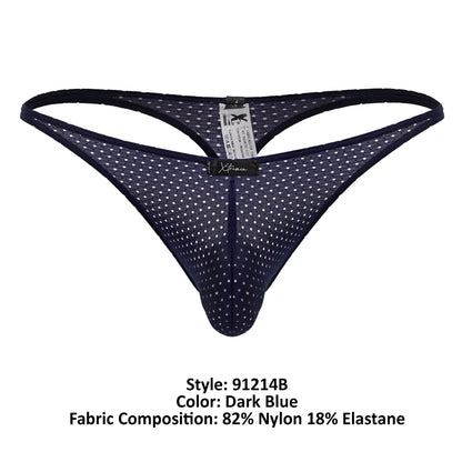 Dark blue Xtremen 91214B microfiber thong with white polka dots mesh and black elastic waistband front view