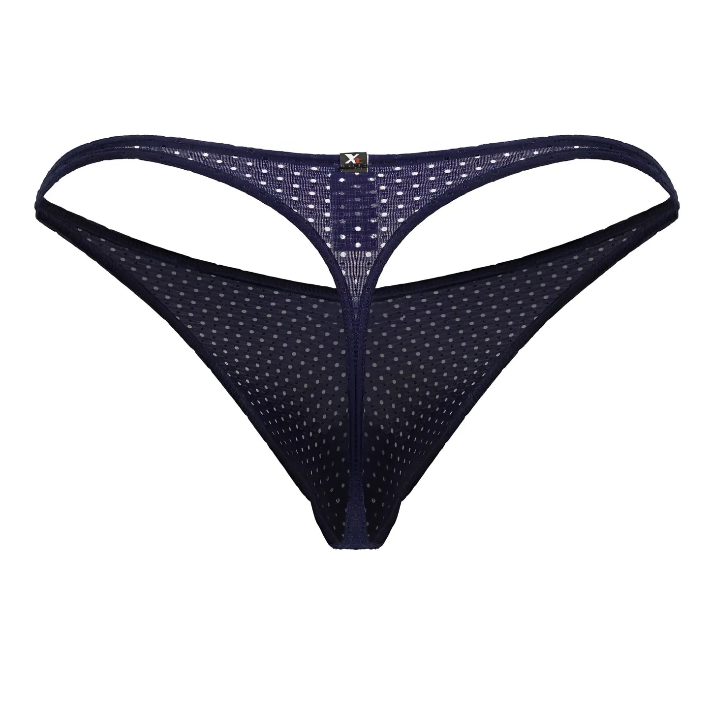 Dark blue microfiber mesh thong with white polka dots and small black logo at the center back by xtremen 91214b