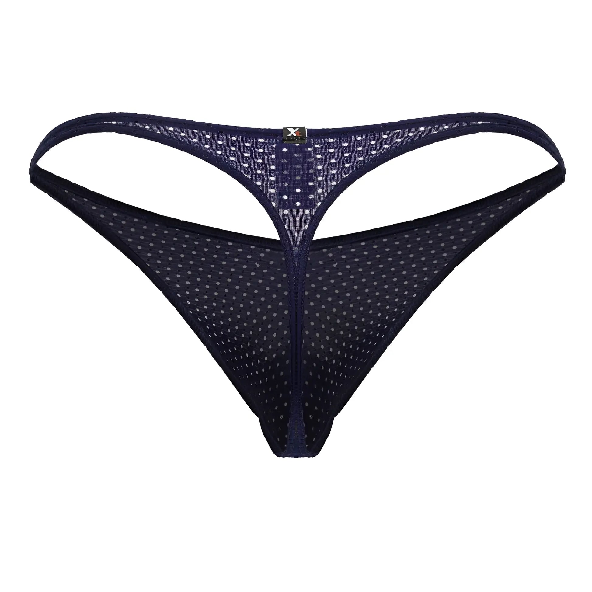 Dark blue microfiber mesh thong with white polka dots and small black logo at the center back by xtremen 91214b