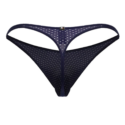 Dark blue microfiber mesh thong with white polka dots and small black logo at the center back by xtremen 91214b