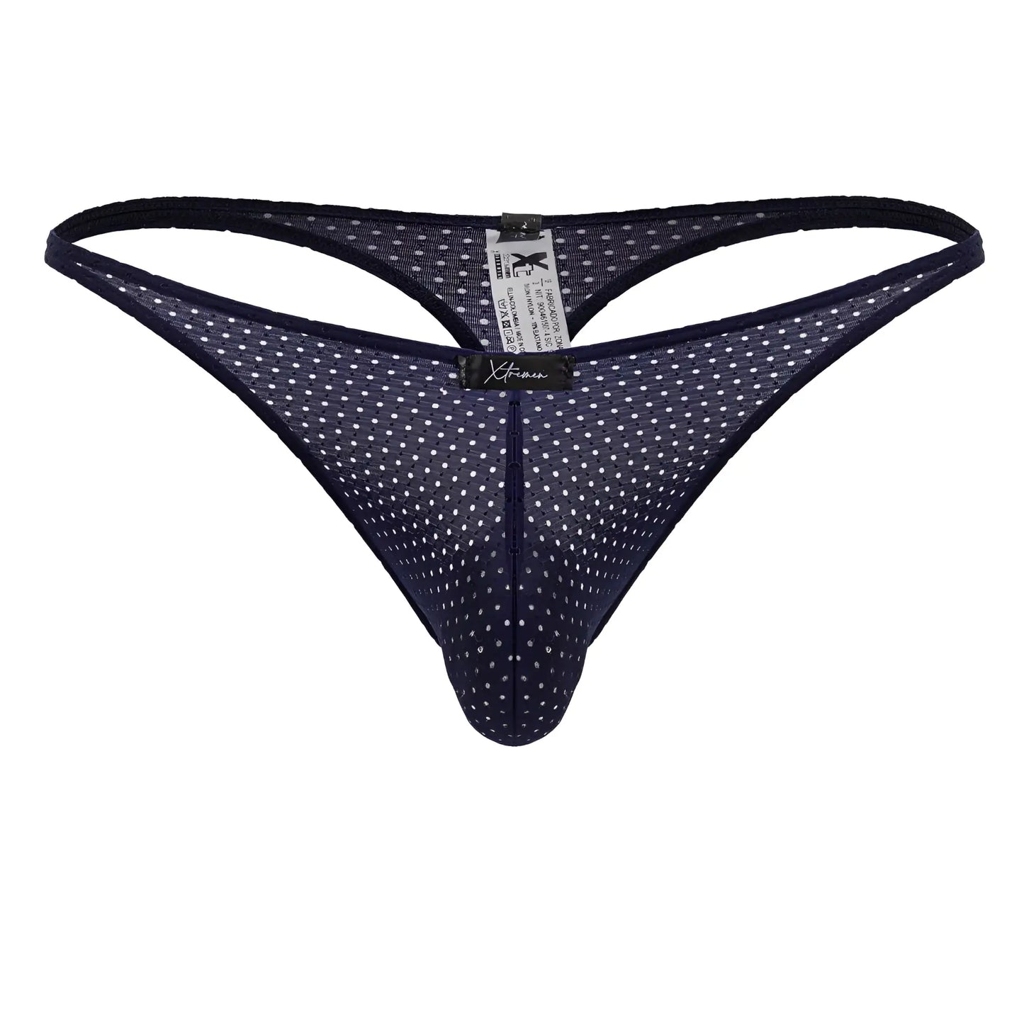 Dark blue xtremen 91214b microfiber thong with white polka dots mesh fabric and black brand tag visible