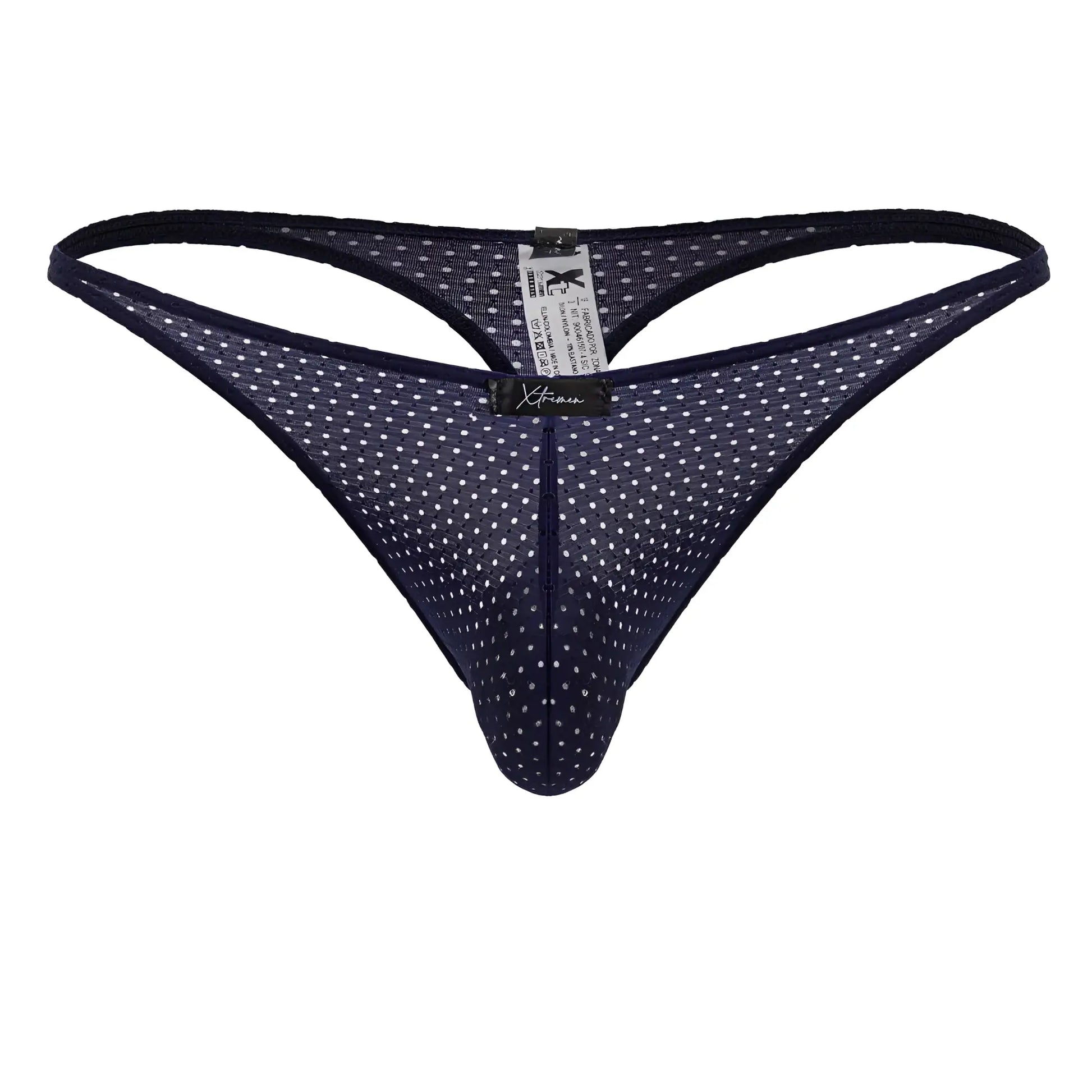 Dark blue xtremen 91214b microfiber thong with white polka dots mesh fabric and black brand tag visible
