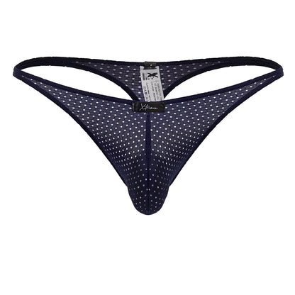 Dark blue xtremen 91214b microfiber thong with white polka dots mesh fabric and black brand tag visible