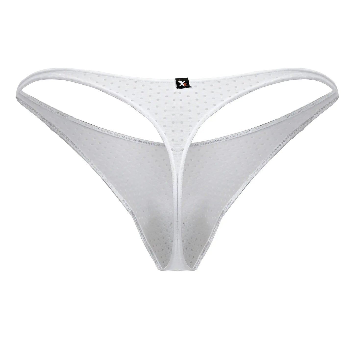 Xtremen 91214B white microfiber thong with white mesh, subtle dotted pattern, and reinforced edge stitching