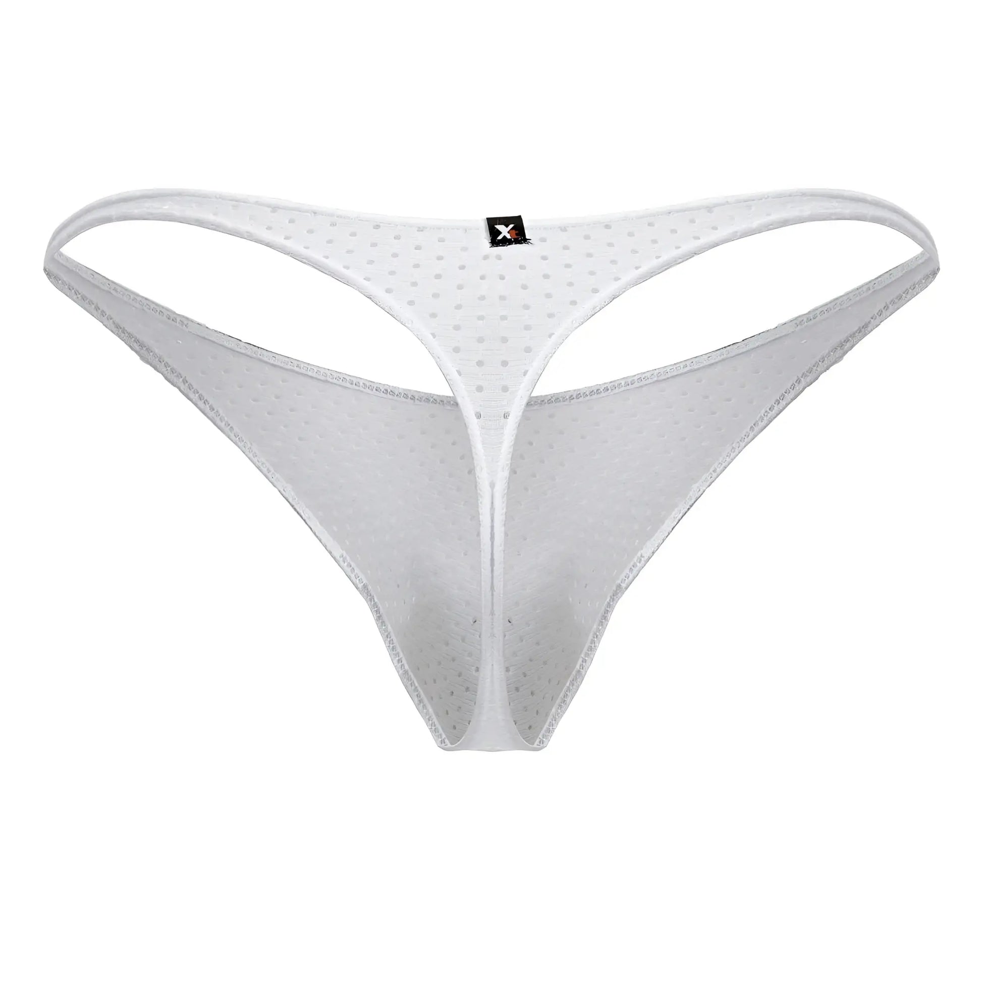 Xtremen 91214B white microfiber thong with white mesh, subtle dotted pattern, and reinforced edge stitching