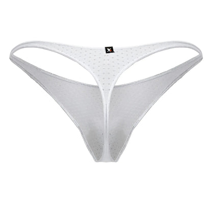 Xtremen 91214B white microfiber thong with white mesh, subtle dotted pattern, and reinforced edge stitching