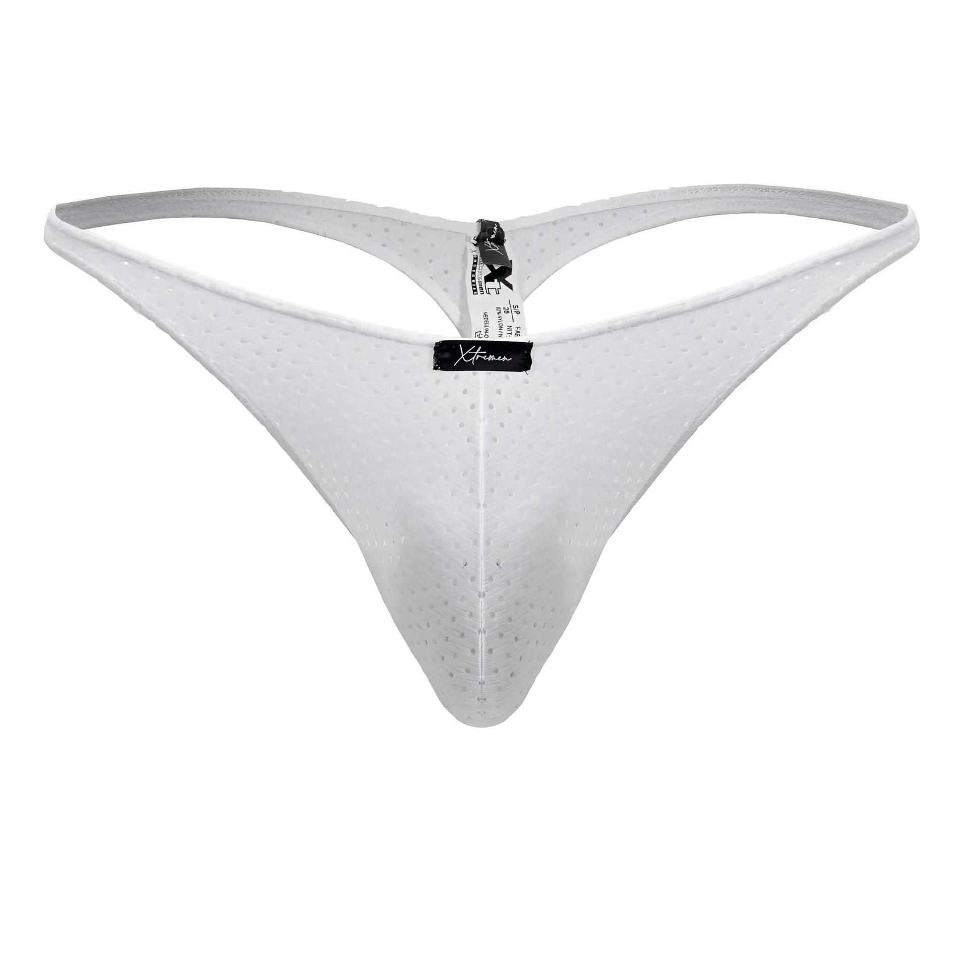 Xtremen 91214B microfiber white thong with subtle perforated mesh texture and black brand tag at the center front