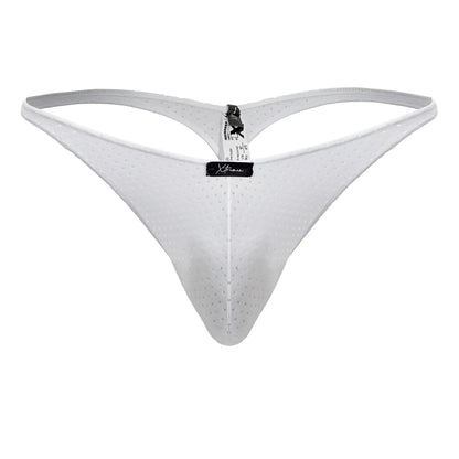 Xtremen 91214B microfiber white thong with subtle perforated mesh texture and black brand tag at the center front