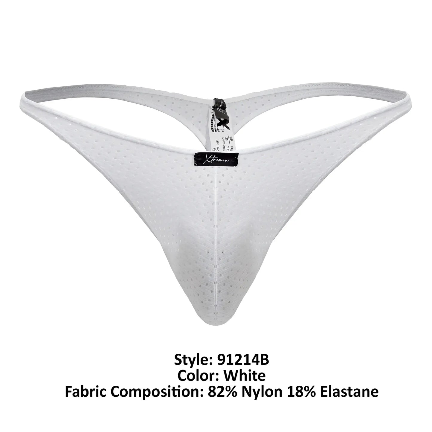 White perforated nylon and elastane thong with central black brand tag from xtremen 91214b microfiber thongs