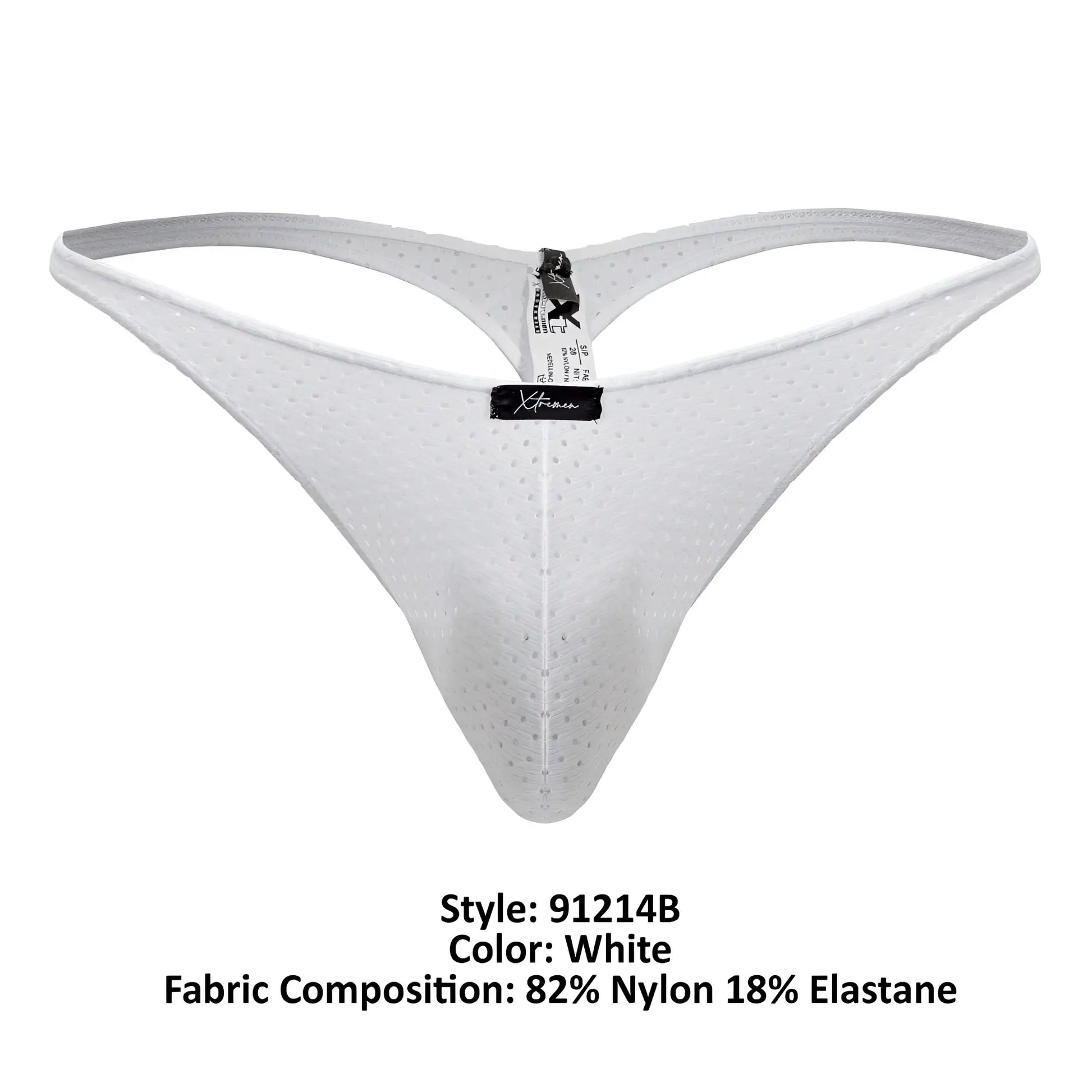 White perforated nylon and elastane thong with central black brand tag from xtremen 91214b microfiber thongs