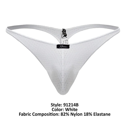White perforated nylon and elastane thong with central black brand tag from xtremen 91214b microfiber thongs