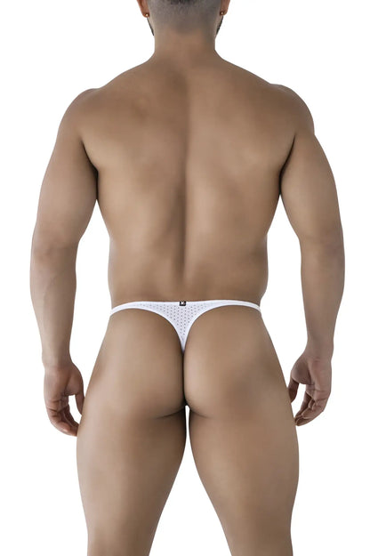 Back view of xtremen 91214b white microfiber thong with subtle dotted pattern and small black logo on backband