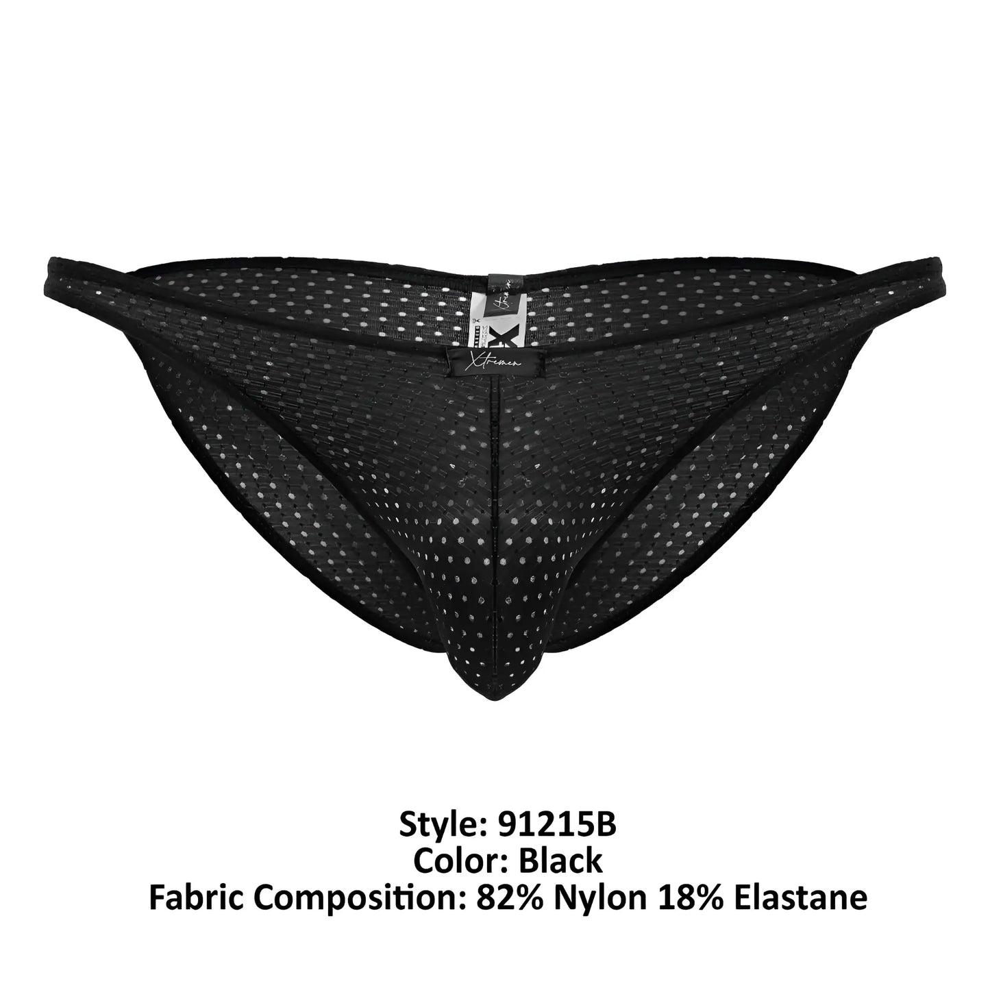Xtremen 91215B black microfiber bikini briefs with black mesh and subtle white dot pattern with branded tag