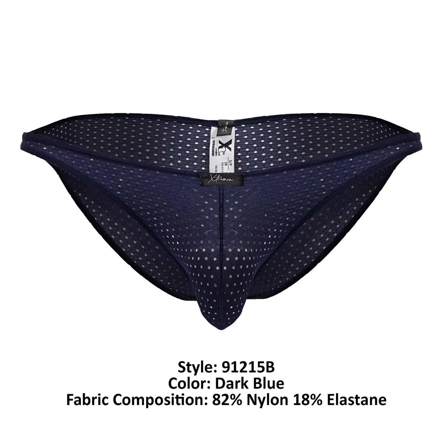 Dark blue xtremen 91215b microfiber bikini briefs with mesh fabric, subtle white dot pattern, and branded waistband tag