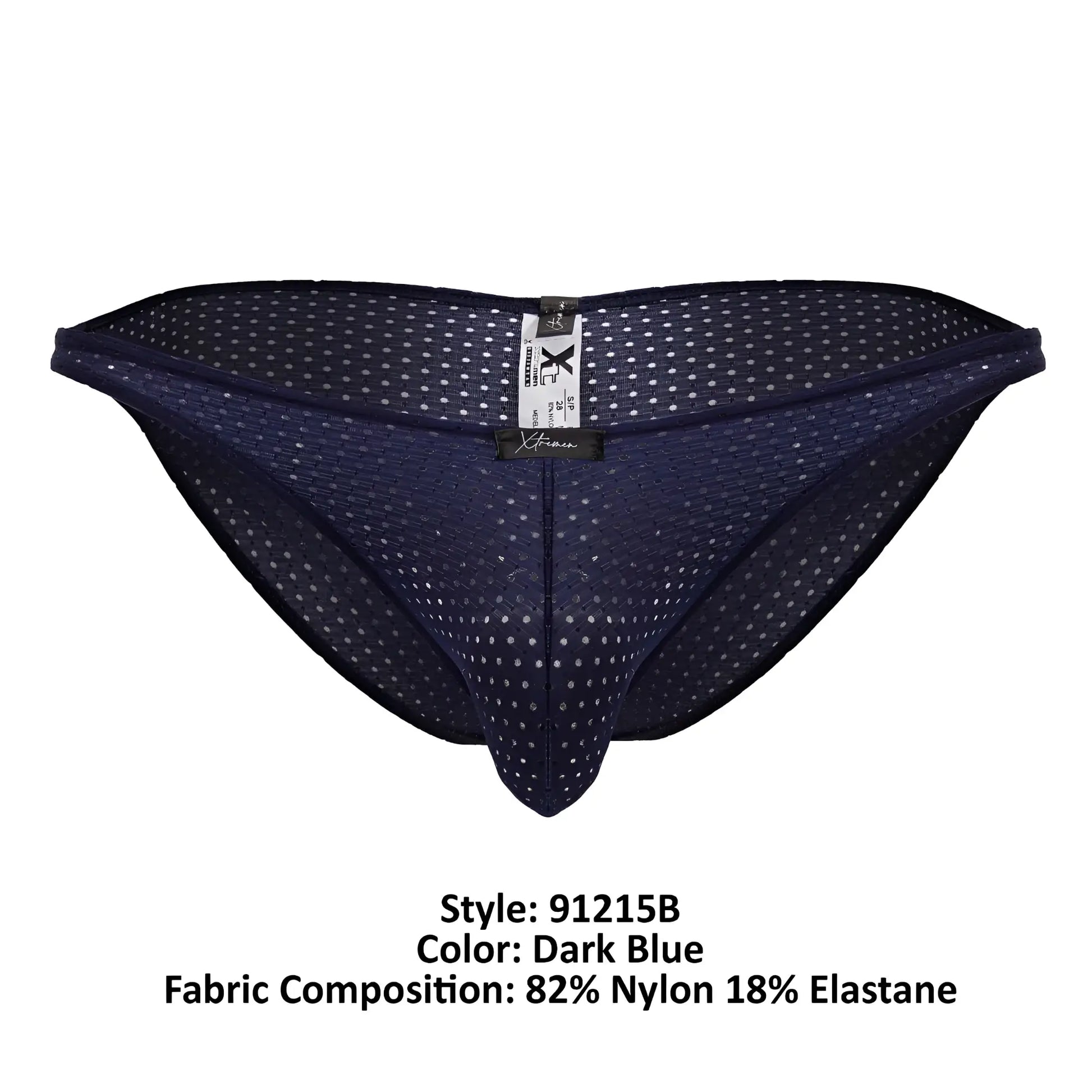 Dark blue xtremen 91215b microfiber bikini briefs with mesh fabric, subtle white dot pattern, and branded waistband tag