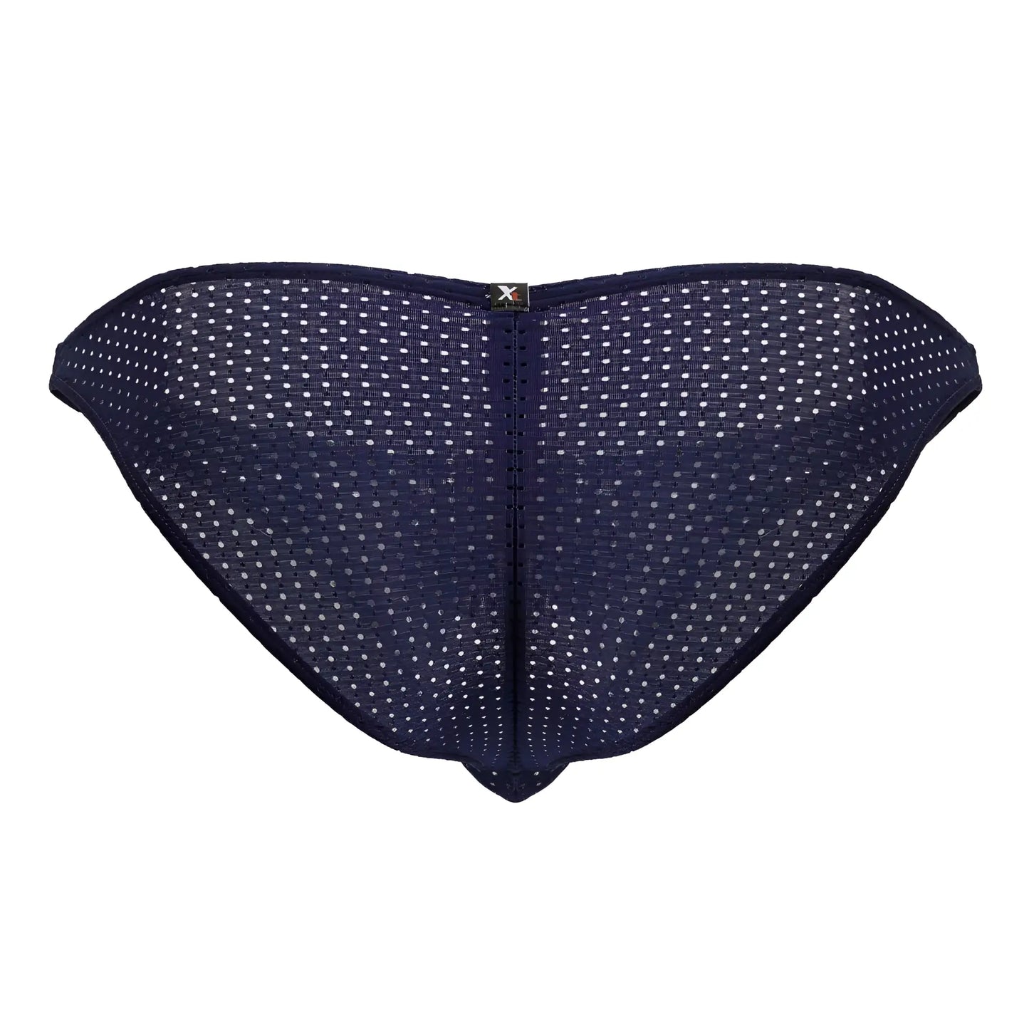 Dark blue navy mesh microfiber briefs with white polka dots and small metallic logo at center back showing rear side