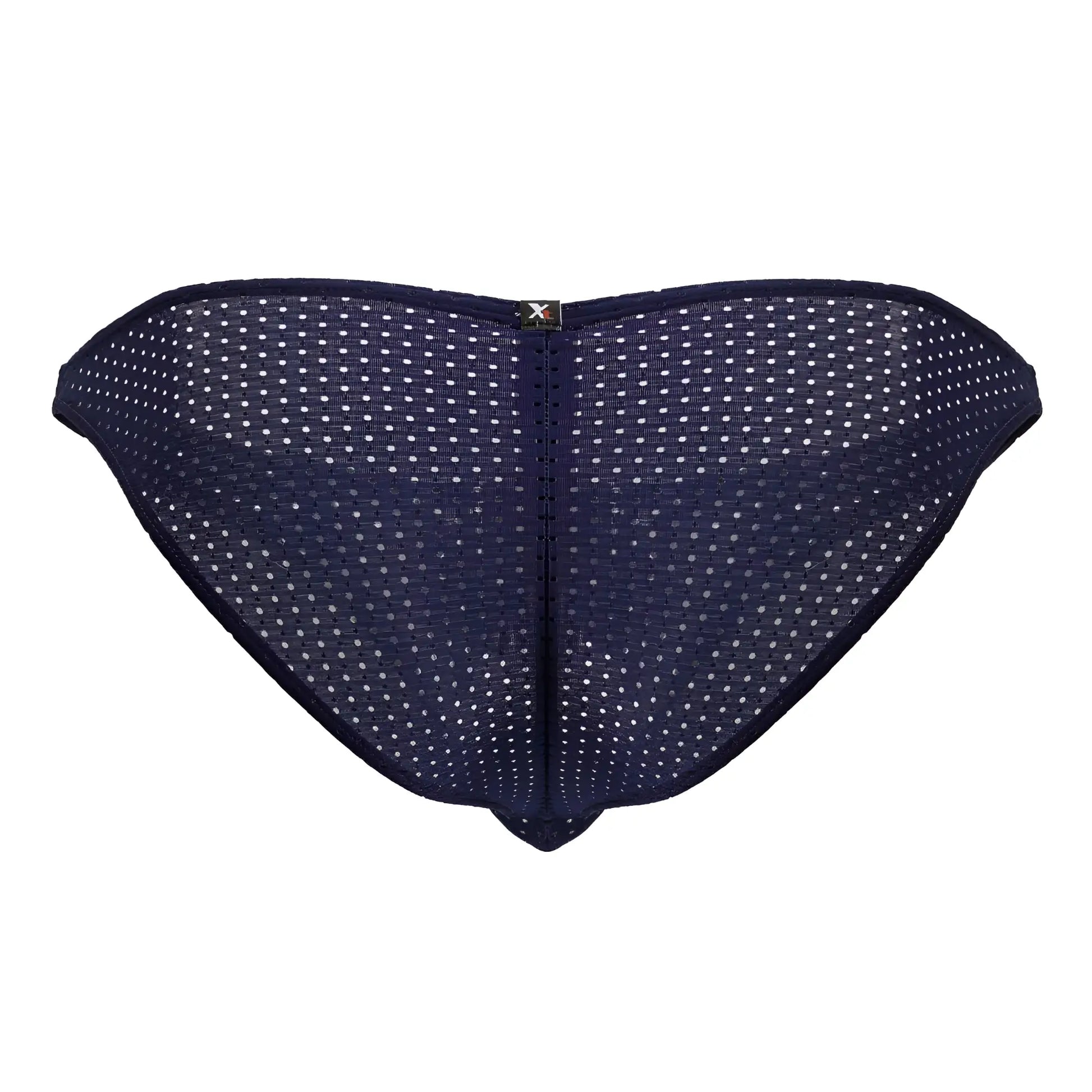 Dark blue navy mesh microfiber briefs with white polka dots and small metallic logo at center back showing rear side