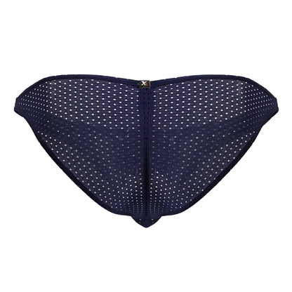 Dark blue navy mesh microfiber briefs with white polka dots and small metallic logo at center back showing rear side