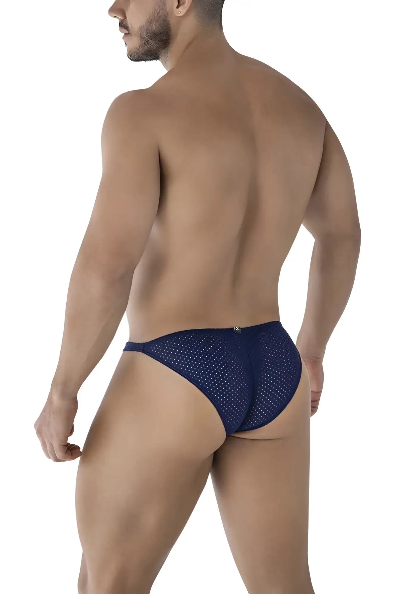 Navy blue perforated mesh briefs xtremen 91215b microfiber bikini in dark blue showing front view