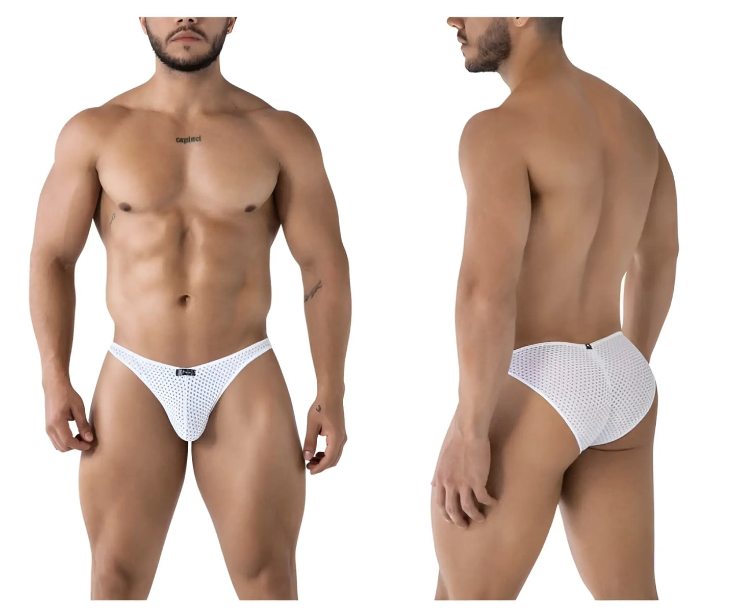 White xtremen 91215b microfiber bikini briefs with a subtle mesh pattern and black brand tag at the waistband