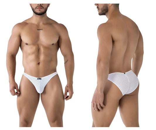 White xtremen 91215b microfiber bikini briefs with a subtle mesh pattern and black brand tag at the waistband