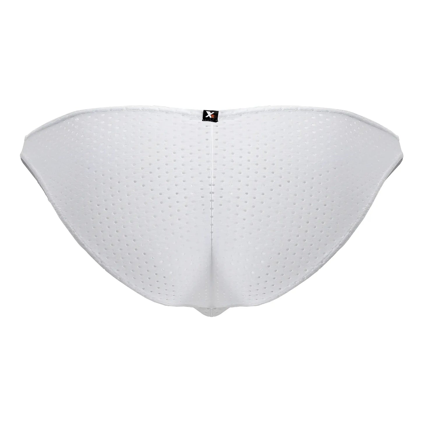 White xtremen 91215b microfiber bikini briefs with perforated mesh, subtle central seam, and small black logo tag at back