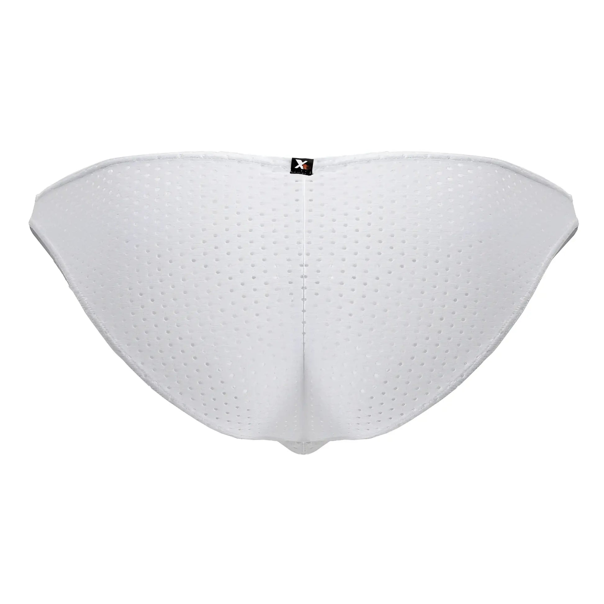White xtremen 91215b microfiber bikini briefs with perforated mesh, subtle central seam, and small black logo tag at back
