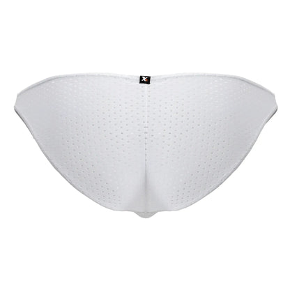 White xtremen 91215b microfiber bikini briefs with perforated mesh, subtle central seam, and small black logo tag at back