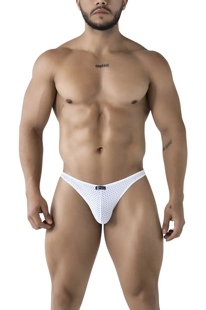 Xtremen 91215b microfiber bikini briefs in white with white polka dots textured fabric and black brand tag at waistband