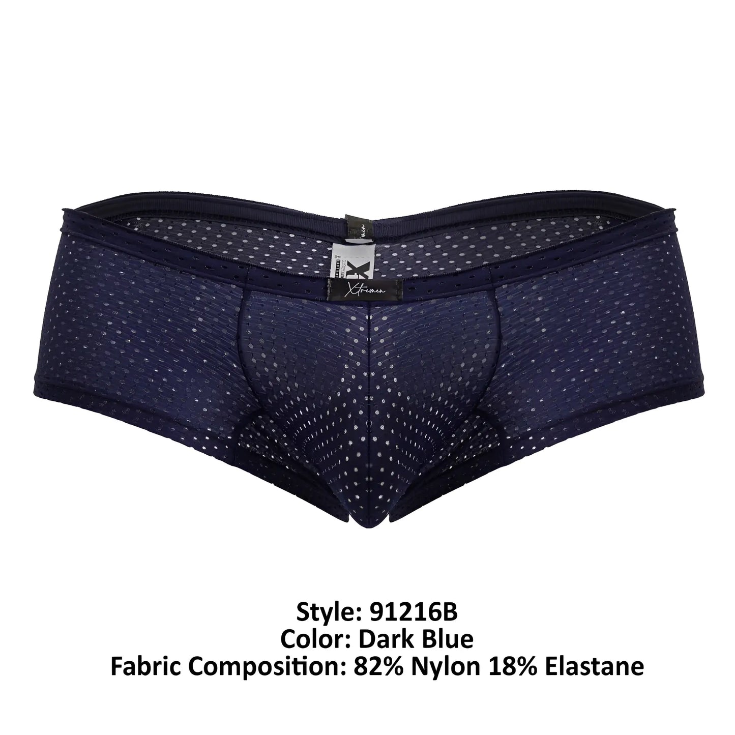 Dark blue xtremen 91216b microfiber trunks with white polka dots and mesh texture made of nylon and elastane