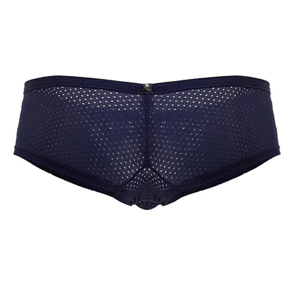 Dark navy blue xtremen 91216b microfiber trunks back side with mesh briefs perforated pattern and small metallic emblem