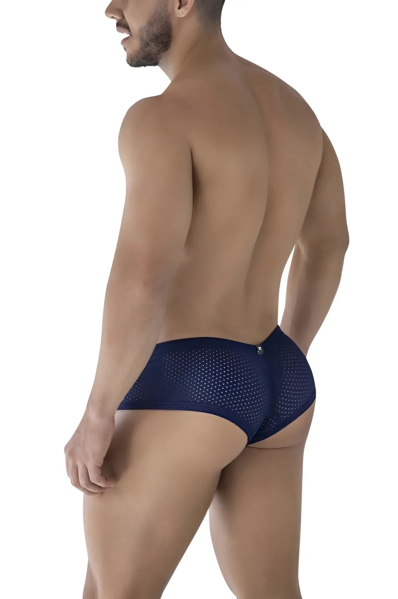 Navy blue xtremen 91216b microfiber trunks with mesh fabric subtle pattern and small metallic logo on waistband