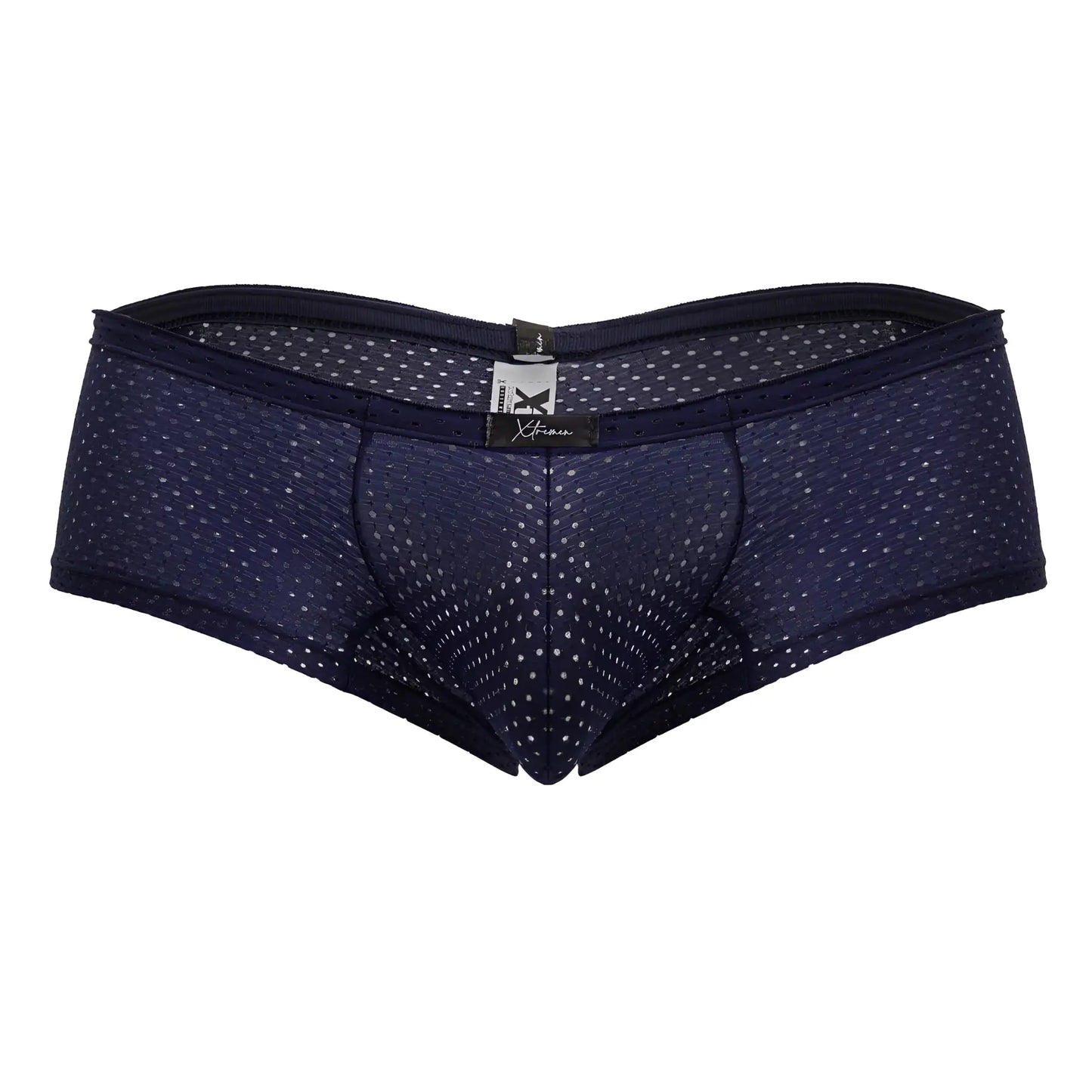 Navy blue xtremen 91216b microfiber trunks with white polka dots, black elastic waistband, and breathable mesh briefs design