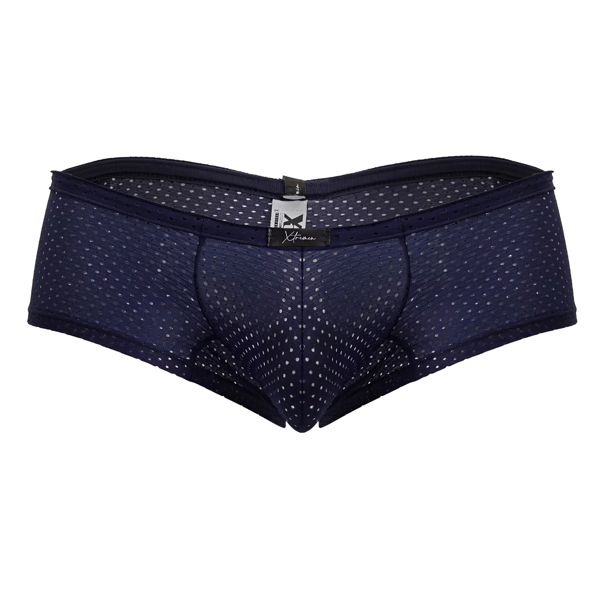 Navy blue xtremen 91216b microfiber trunks with white polka dots, black elastic waistband, and breathable mesh briefs design