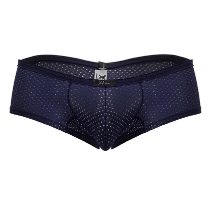 Navy blue xtremen 91216b microfiber trunks with white polka dots, black elastic waistband, and breathable mesh briefs design