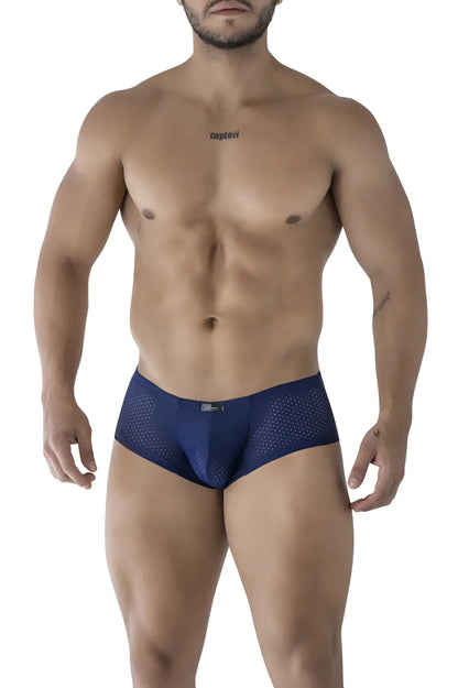 Navy blue perforated mesh men’s briefs xtremen 91216b microfiber trunks dark blue front view