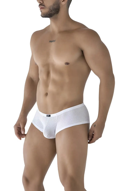 Xtremen 91216B white microfiber trunks with white mesh briefs featuring a subtle pattern and a small blue brand tag