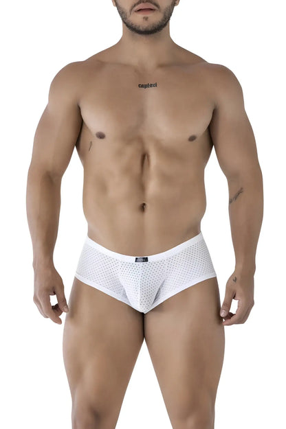 Xtremen 91216B microfiber white mesh briefs with subtle perforated pattern and small black brand tag at waistband