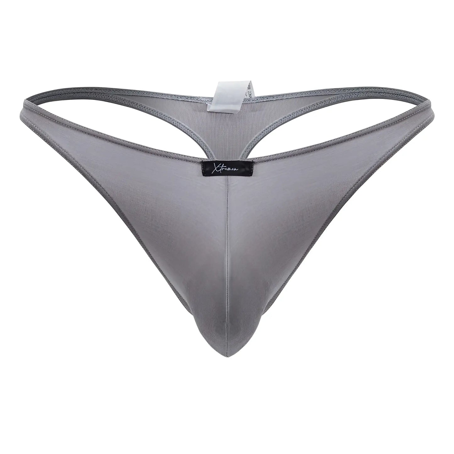 Gray xtremen 91217 microfiber thong with subtle mesh texture and black brand tag at the center front