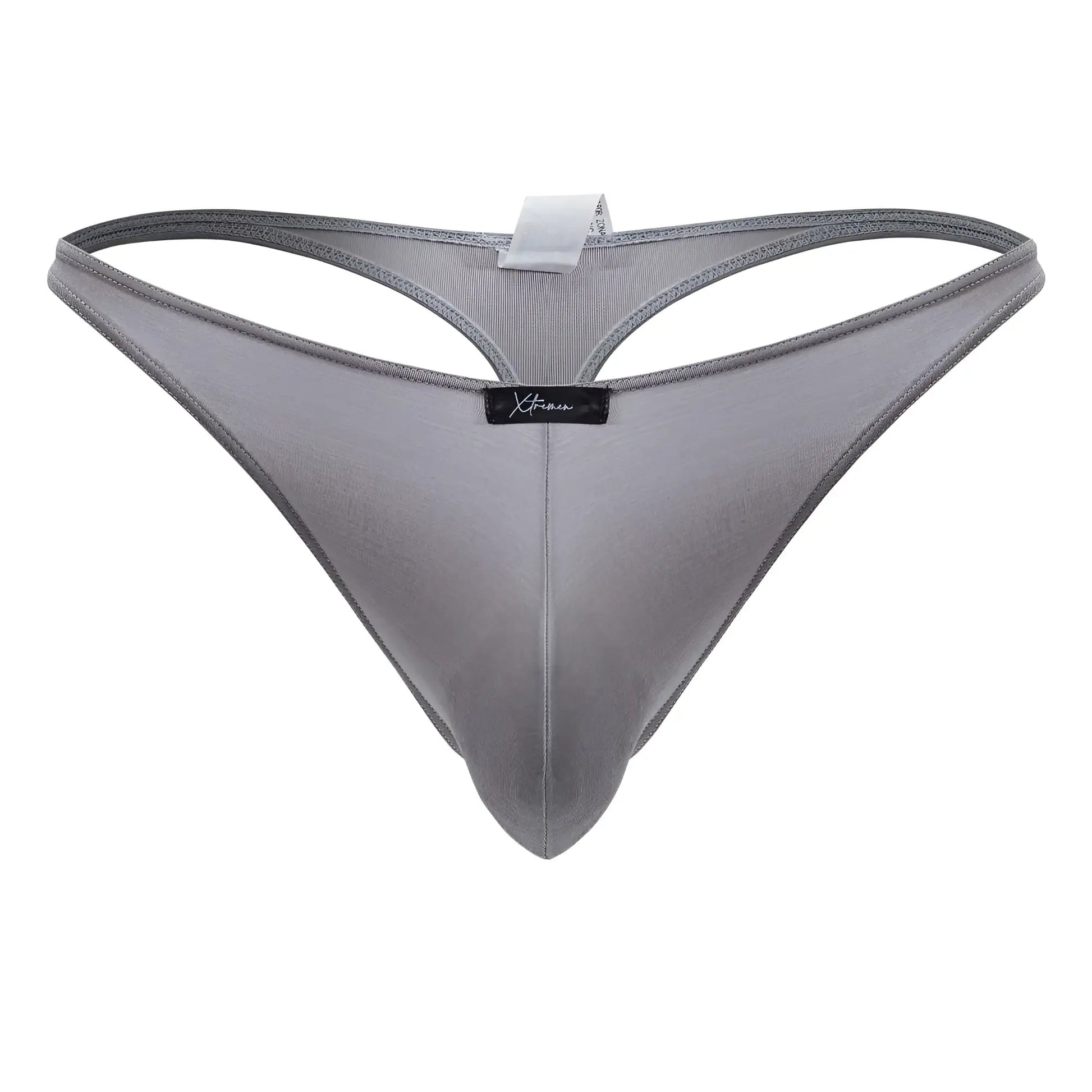Gray xtremen 91217 microfiber thong with subtle mesh texture and black brand tag at the center front